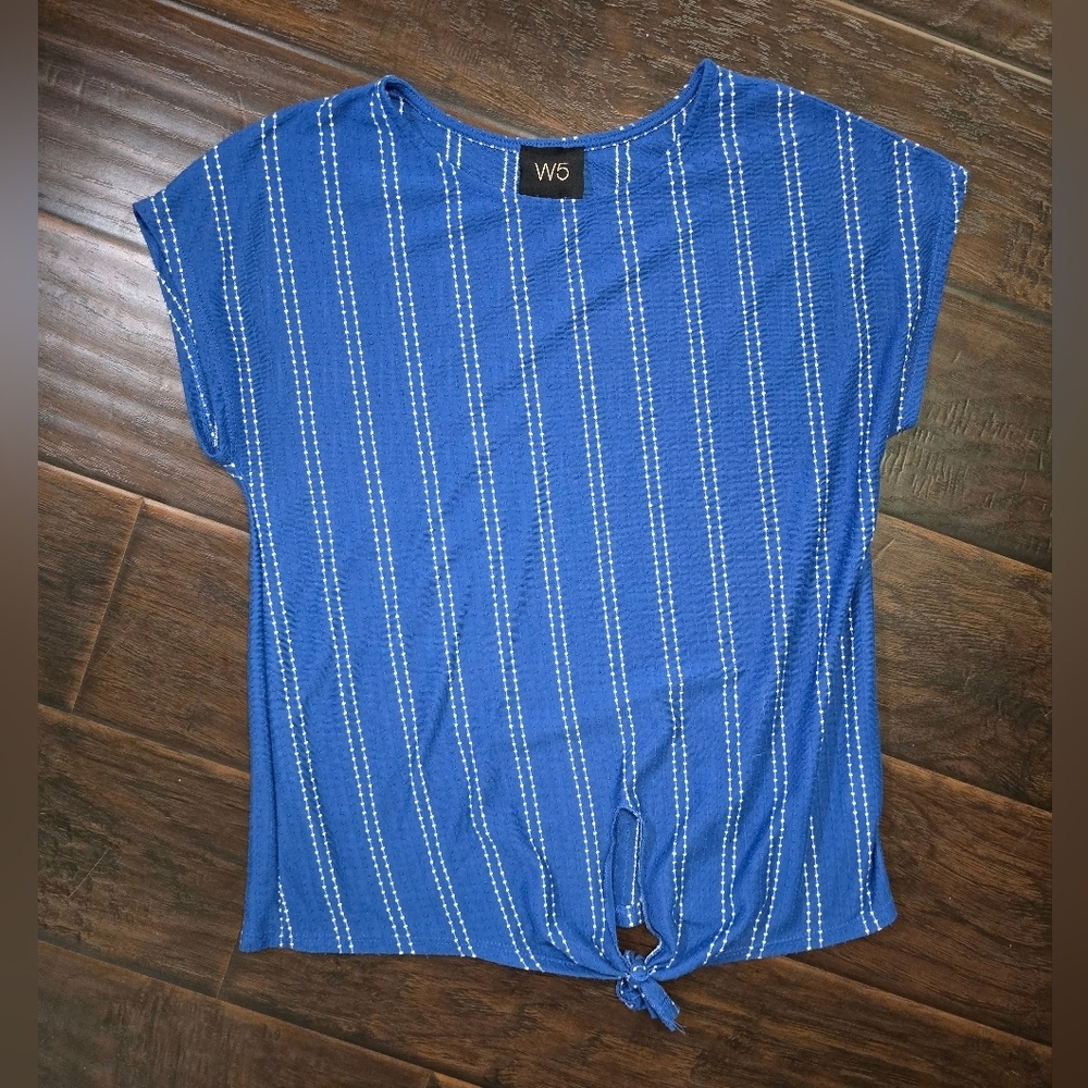 W5 Womens Blue Textured Striped Tie Front Top Medium